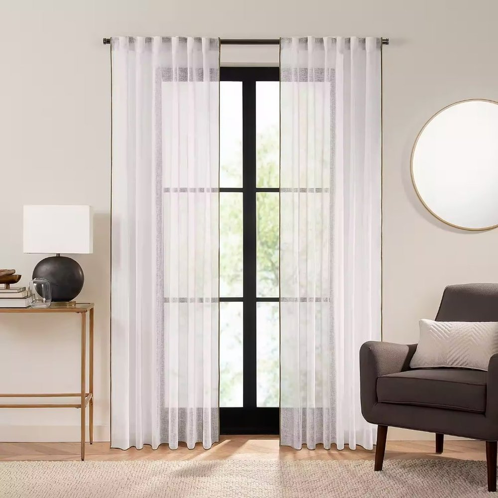 Fieldcrest Luxury Linen Border Stripe Sheer Rod Pocket Back Tab Single Curtain